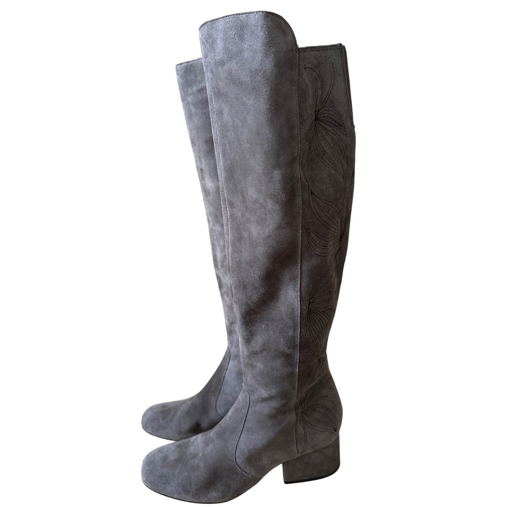 Marc Fisher LTD Grey Suede Embroidered Over The Knee Boots Block Heel Size 7M - Picture 2 of 8